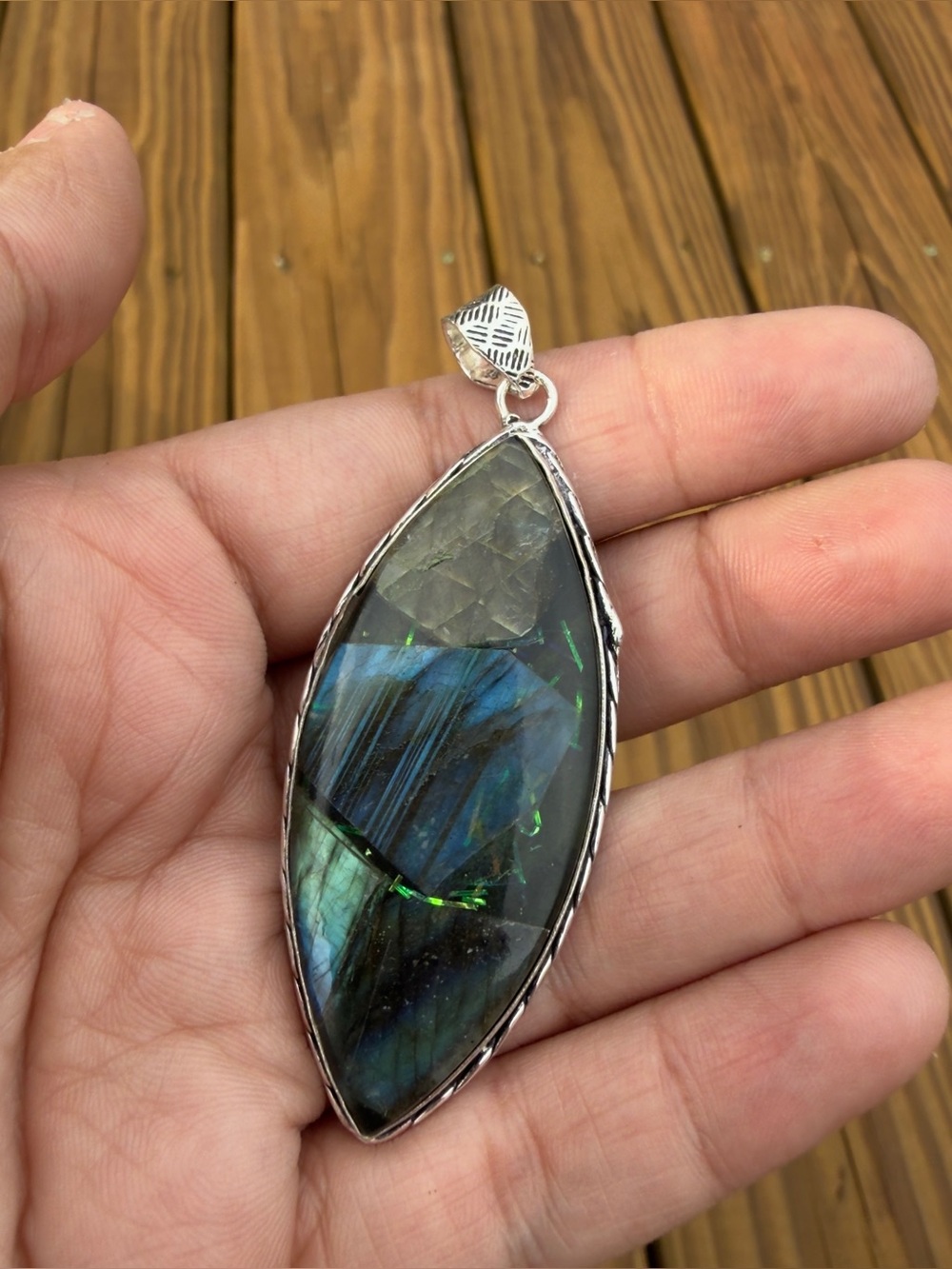 Sterling Silver Labradorite Marquise Pendant in Blue-Green